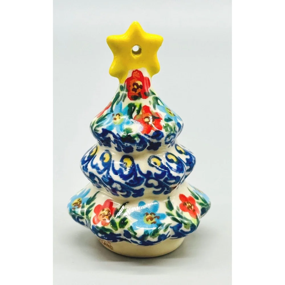 Polish Pottery Christmas Tree Ornament Figurine Floral Boleslawiec 3.25 inch